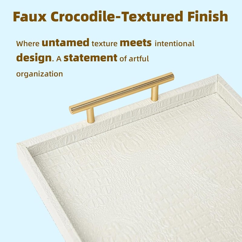 MACVAD Set of 2 Modern Elegant Large Wood Serving Tray, Rectangle Decorative Tray Ottoman Tay Coffee Table Tray, Pearl White Crocodile Leather with Gold Polished Metal Handles - Image 5
